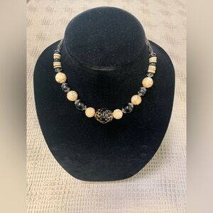 Black Tortoise Shell, Carved Stone Beads, with Smokey Quartz Crystals Necklace
